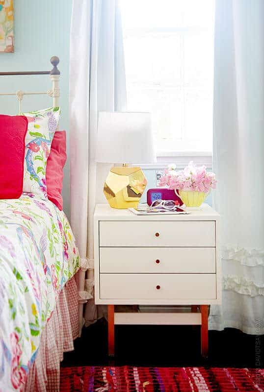 vintage nightstand, gold lamp