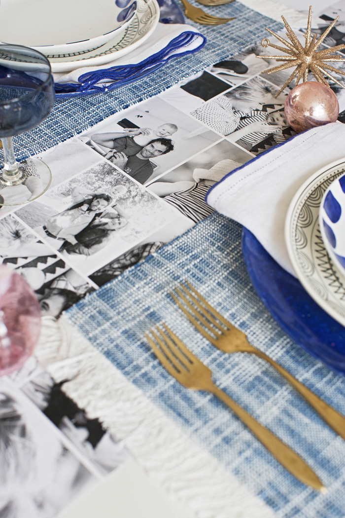 Emily Henderson Holiday Tiny Prints blue white black gold  tablescape 1