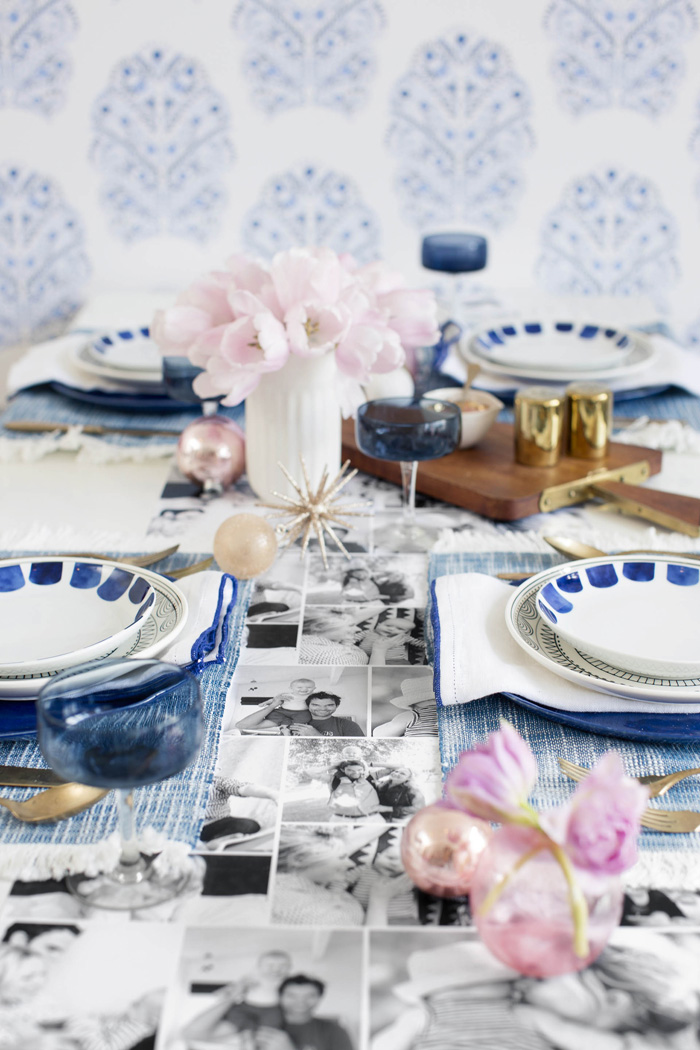 Emily Henderson Holiday Tiny Prints blue white black gold  tablescape 3