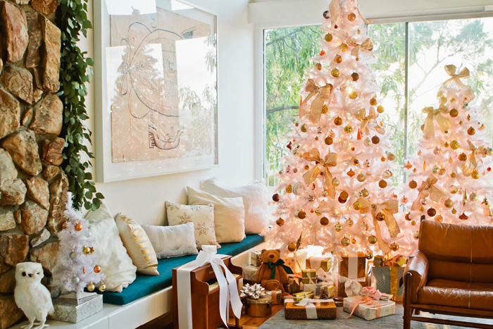 Emily Henderson Holiday Decorating Copper Gold Blue Christmas Tree White