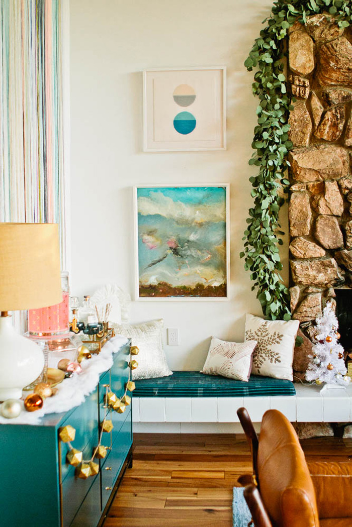 Emily Henderson Holiday Decorating Copper Gold Blue Christmas Tree White Bar7