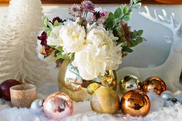 Emily Henderson Holiday Decorating Copper Gold Blue Christmas Tree White flowers1