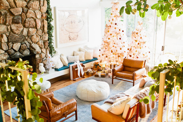 Emily Henderson Holiday Decorating Copper Gold Blue Christmas Tree White living room
