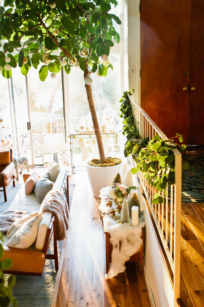 Emily Henderson Holiday Decorating Copper Gold Blue Christmas Tree White living room1