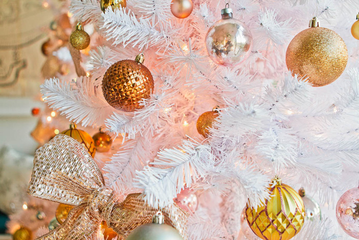 Emily Henderson Holiday Decorating Copper Gold Blue Christmas Tree White