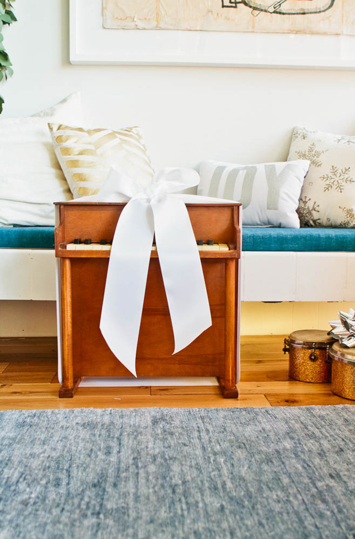 Emily Henderson Holiday Decorating Copper Gold Blue Presants