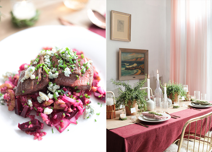 Holiday Tablescape Gold Green Burgandy Rosemary blue apron candles