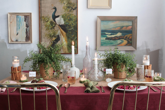 Holiday Tablescape_Emily Henderson Burgandy green gold rosemary brass christmas