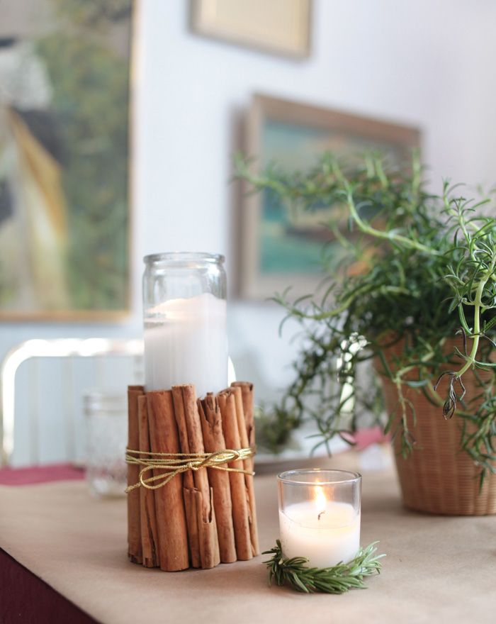 Holiday Tablescape_cinnamon candle wrap rosemary burgandy