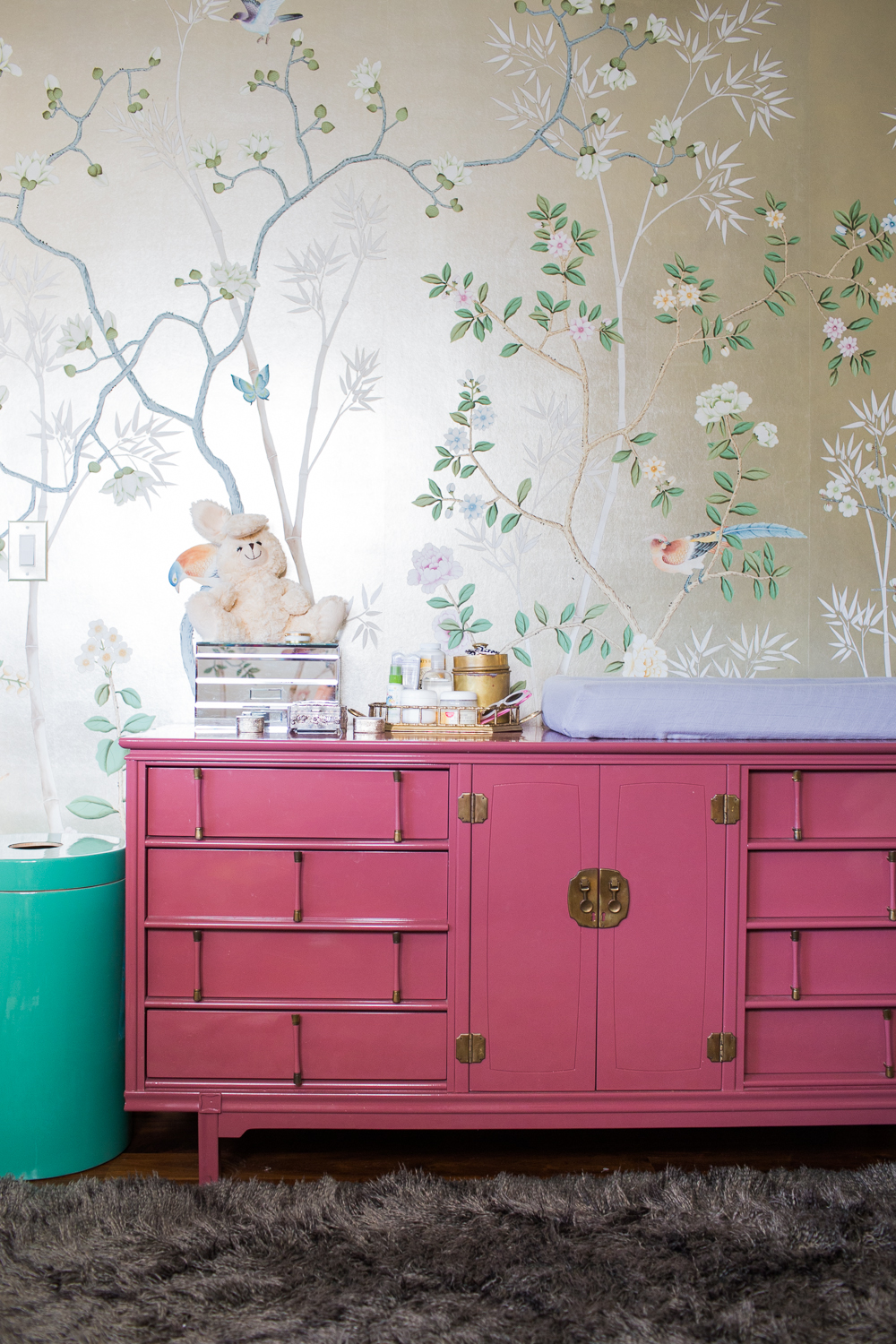 Modern Glam Nursery Lucite Metallic Childrens Room Pink Dresser