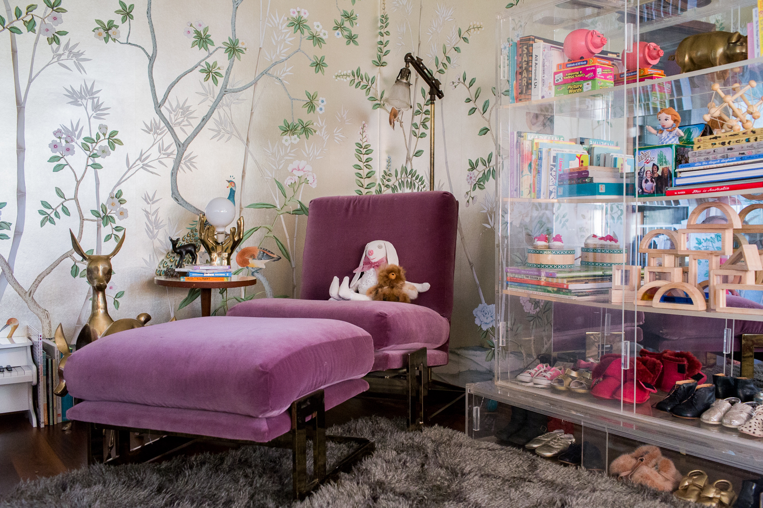 Modern Glam Nursery Lucite Metallic Childrens Room Purple Velvet Chair Lucite Bookshelf