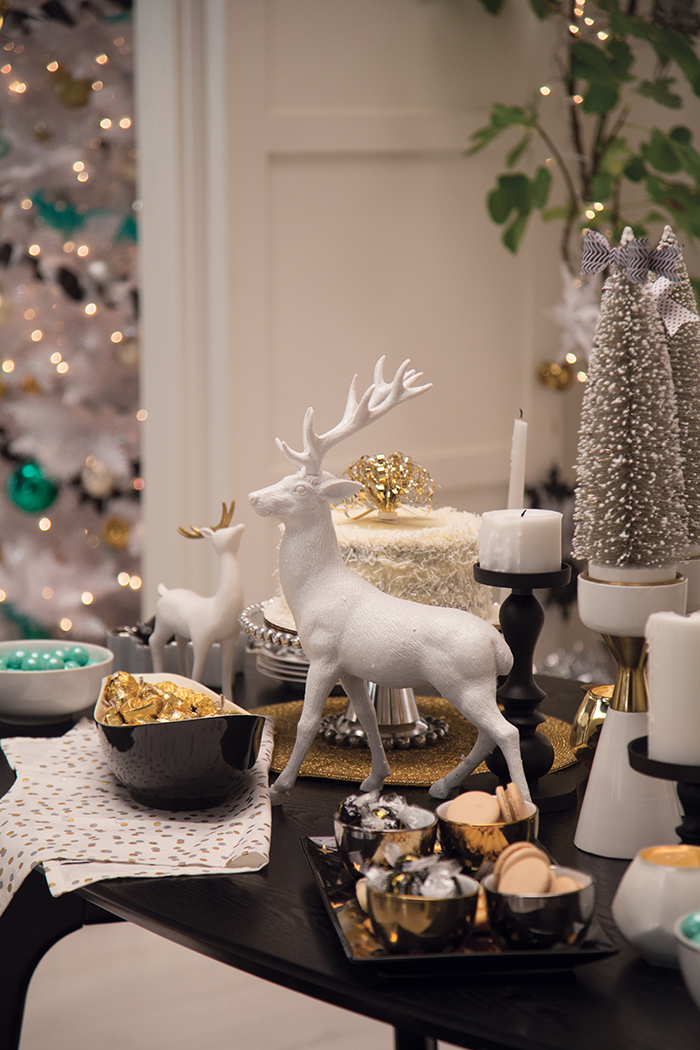Target Holiday Emily Henderson Black White Gold Dining Room deer tabletop candles
