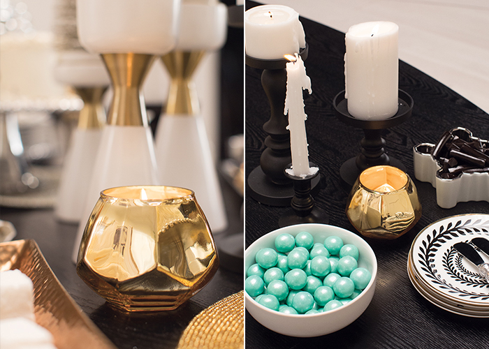 Target Holiday Emily Henderson Black White Gold Dining Room pillar candles