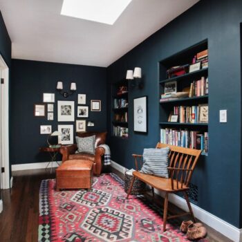 Emily Henderson Hague Blue Reading Nook Leather Chair Gallery Wall Bookshelves6