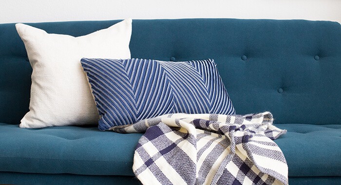 Living Room_Gallery Wall_Blue_Green_Dark_Emily Henderson_Etsy_Framebridge_Midcentury Modern_Blue Sofa_sofa with pillows