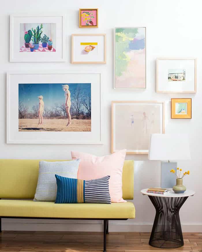 Living Room_Gallery Wall_White Clean_Pink_Green_Emily Henderson_Etsy_Framebridge_Midcentury Modern