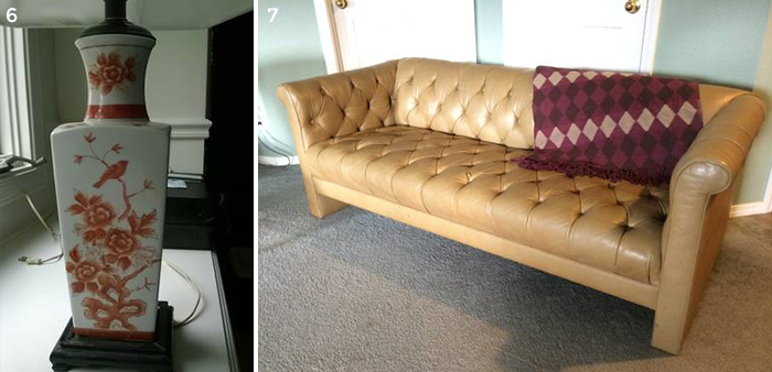 chinoiserie lamp and tufted sofa