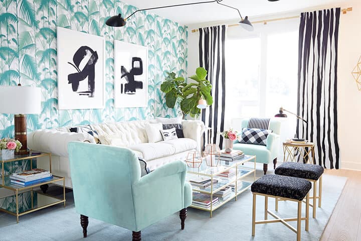 Green Rug with Striped Curtains