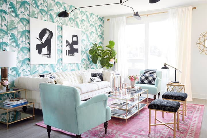 Pink Rug with White Curtains