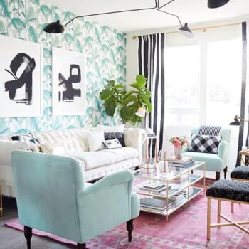 Pink Rug with Striped Curtains