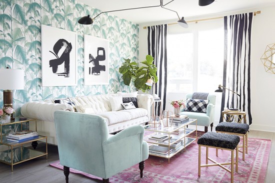 Pink Rug with Striped Curtains