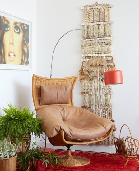 70s Gift Guide_Retro_Boho_Living Room_Wicker Chair_Shag Rug_Emily_Henderson