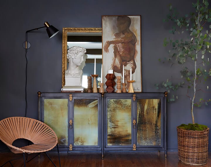 Brady Picks A Credenza_Living Room_Broc Console_Modern Art_Moody_Masculine_Gray_Wood_Eucalyptus_Woven Leather_Citizenry_1