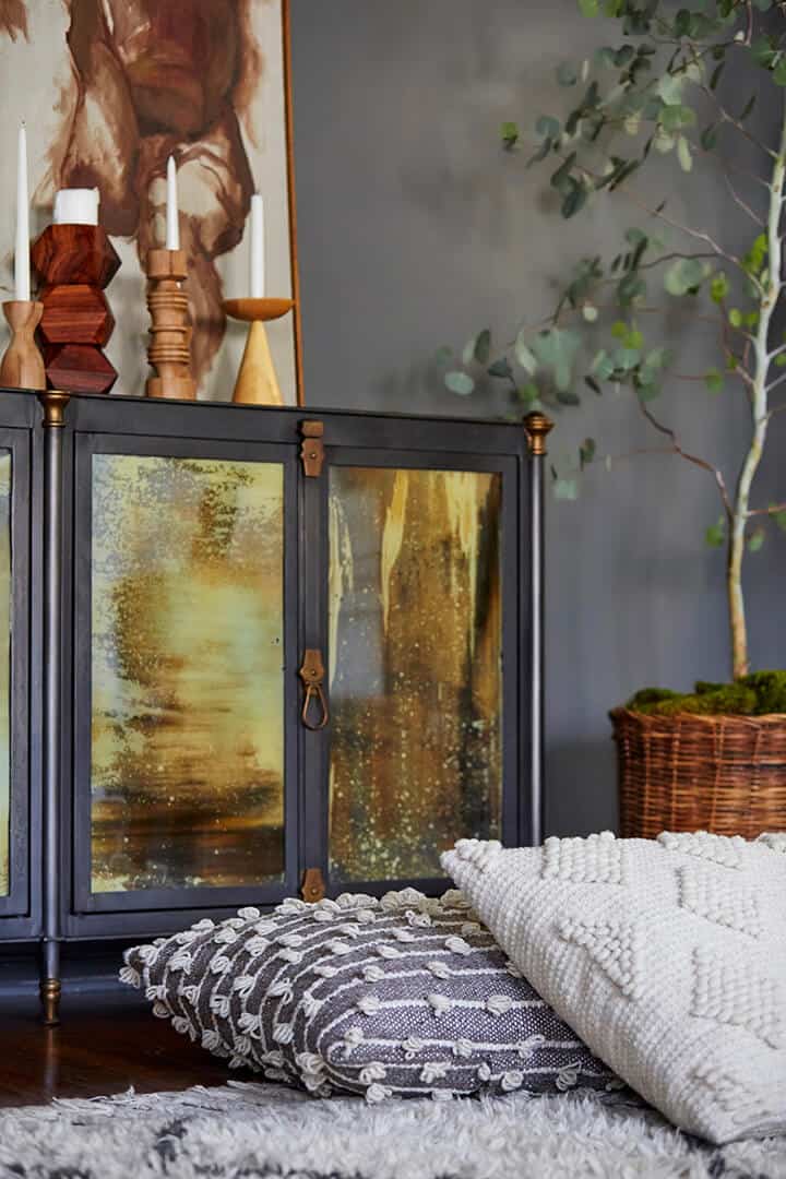 Brady-Picks-A-Credenza_Living-Room_Broc-Console_Modern-Art_Moody_Masculine_Gray_Wood_Eucalyptus_Woven-Leather_Citizenry_detail-2