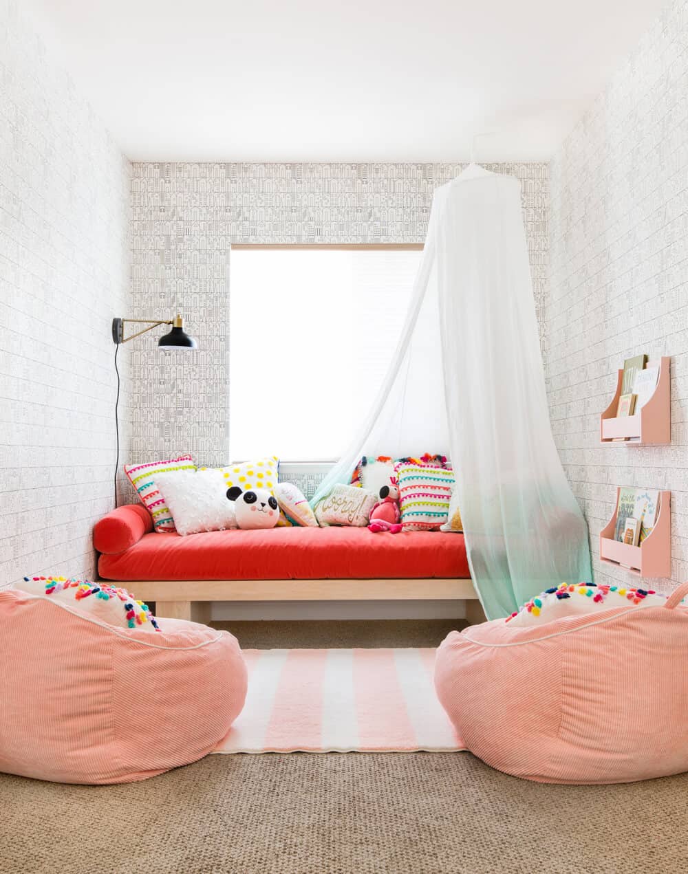 Daybed Construction Target Weekend Makeover Kids Playroom Pink Red Wallpaper Canopy 1