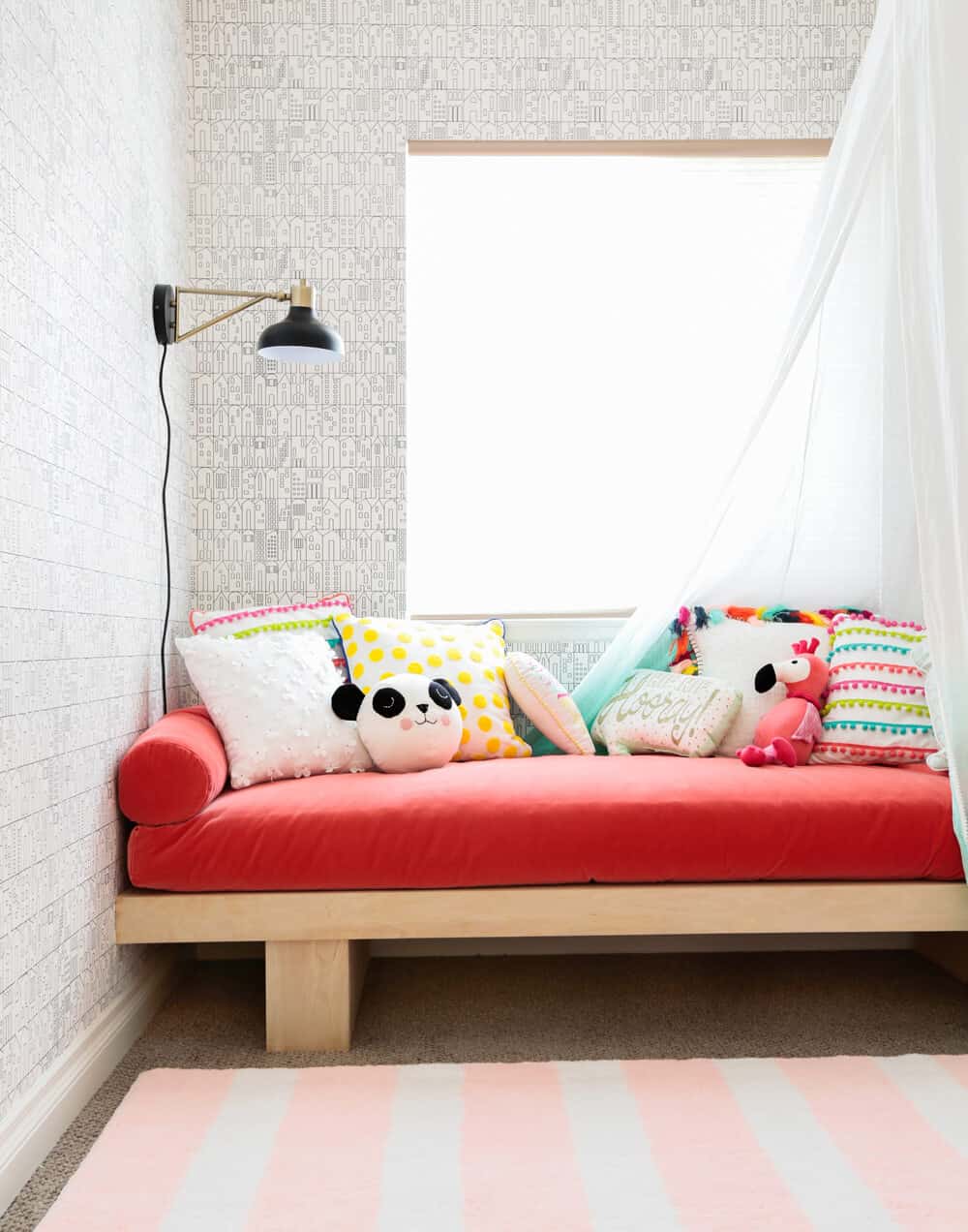 Daybed Construction Target Weekend Makeover Kids Playroom Pink Red Wallpaper Canopy 3