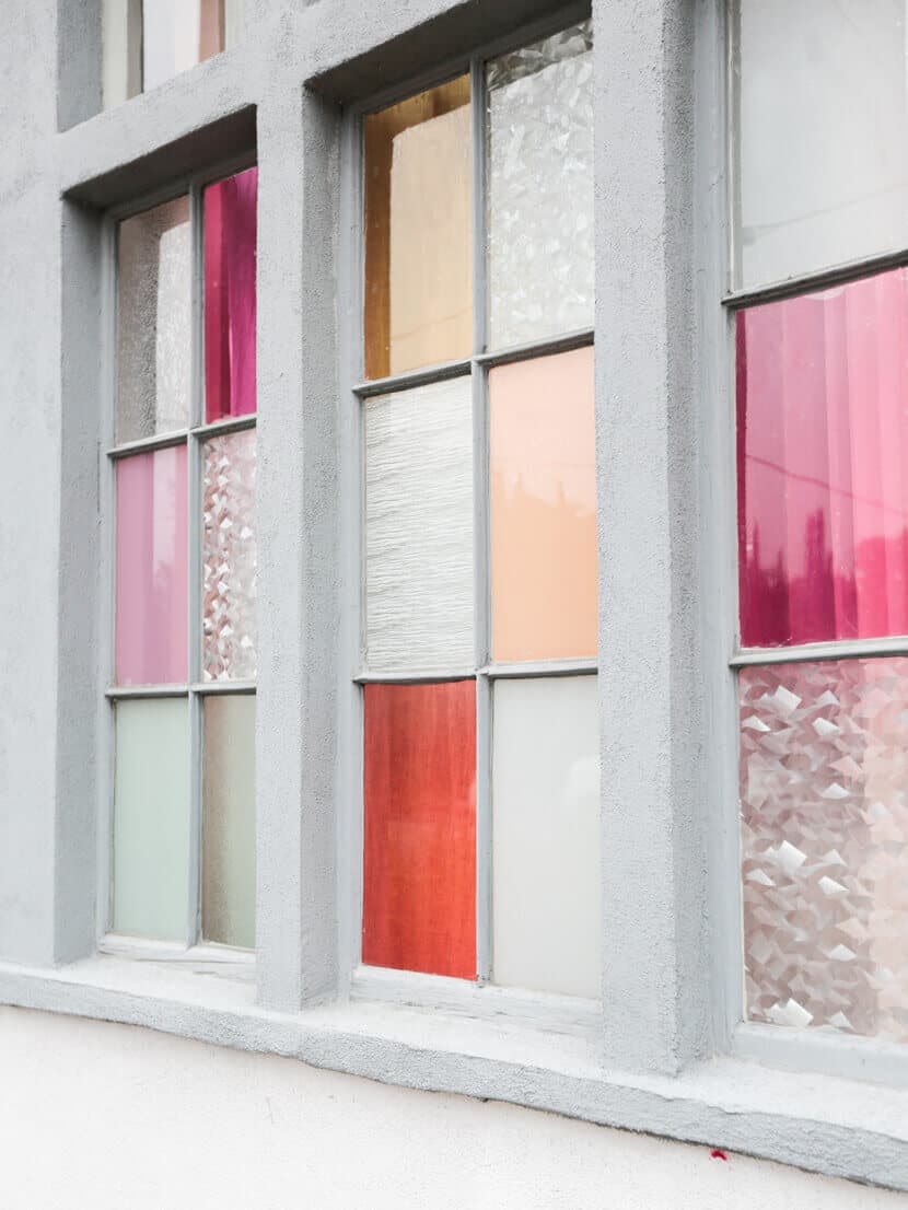 Gila DIY Window Film Happy Bright Pastel Emily Henderson Bamboo Seating Area Outside