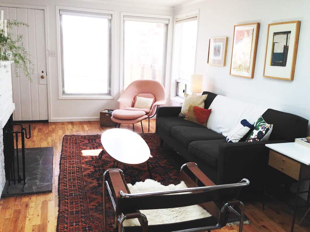 Hilary Sontag Living Room Redesign White and Wood Mid Century 2