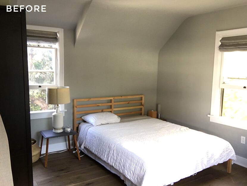 Scotts Bedroom Guest Bedroom Rattan Headboard Grey Masculine Leesa Before 1