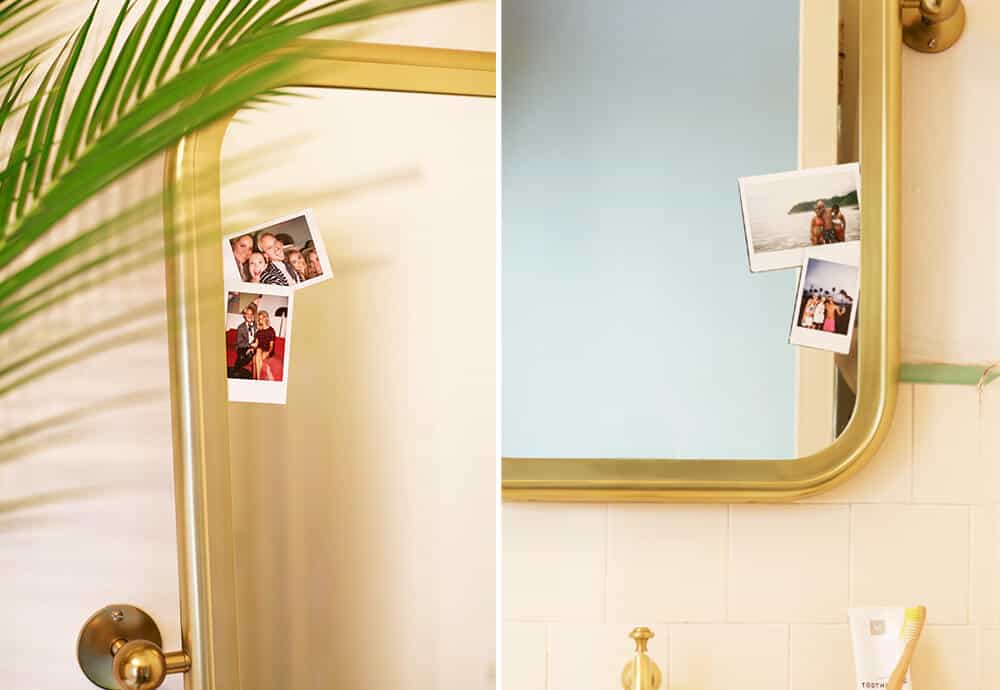 Brady's Bathroom Makeover Takeover White Turquiose Gold Tile Apartment Rental Redesign Side by side