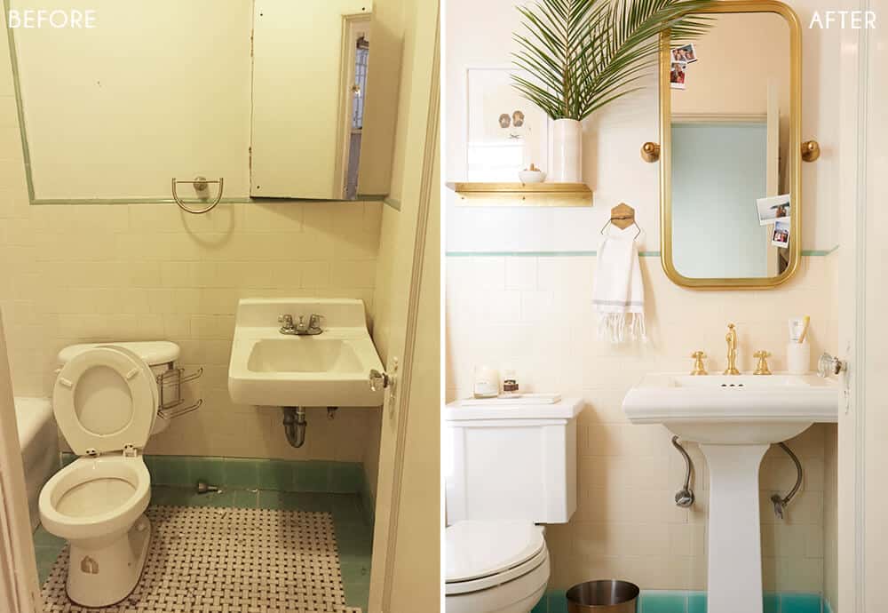 Brady's Bathroom Makeover Takeover White Turquiose Gold Tile Before and After 1