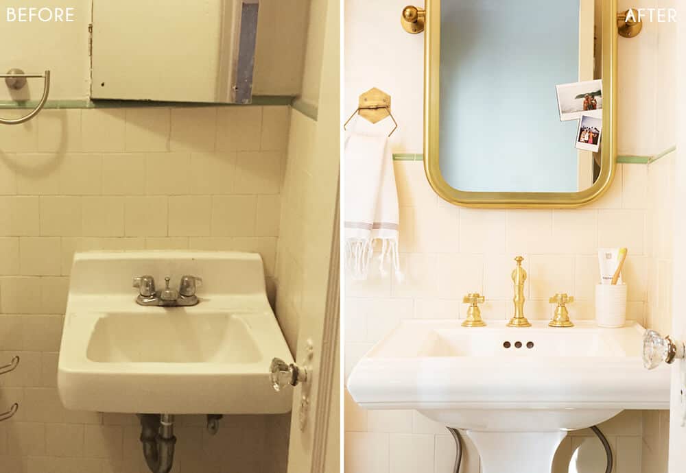 Brady's Bathroom Makeover Takeover White Turquiose Gold Tile Before and After 2