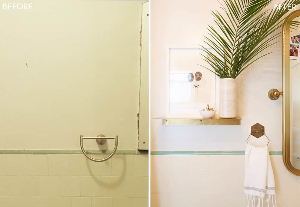 Brady's Bathroom Makeover Takeover White Turquiose Gold Tile Before and After 3