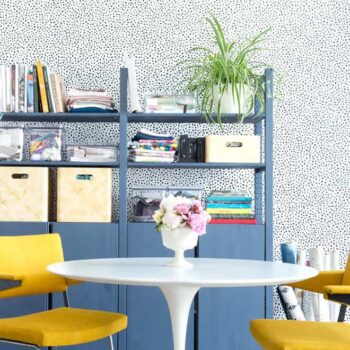 Emily Henderson Devine Color Tempaper Temporary Wallpaper Studio Makeover Blue white and black Organization-4
