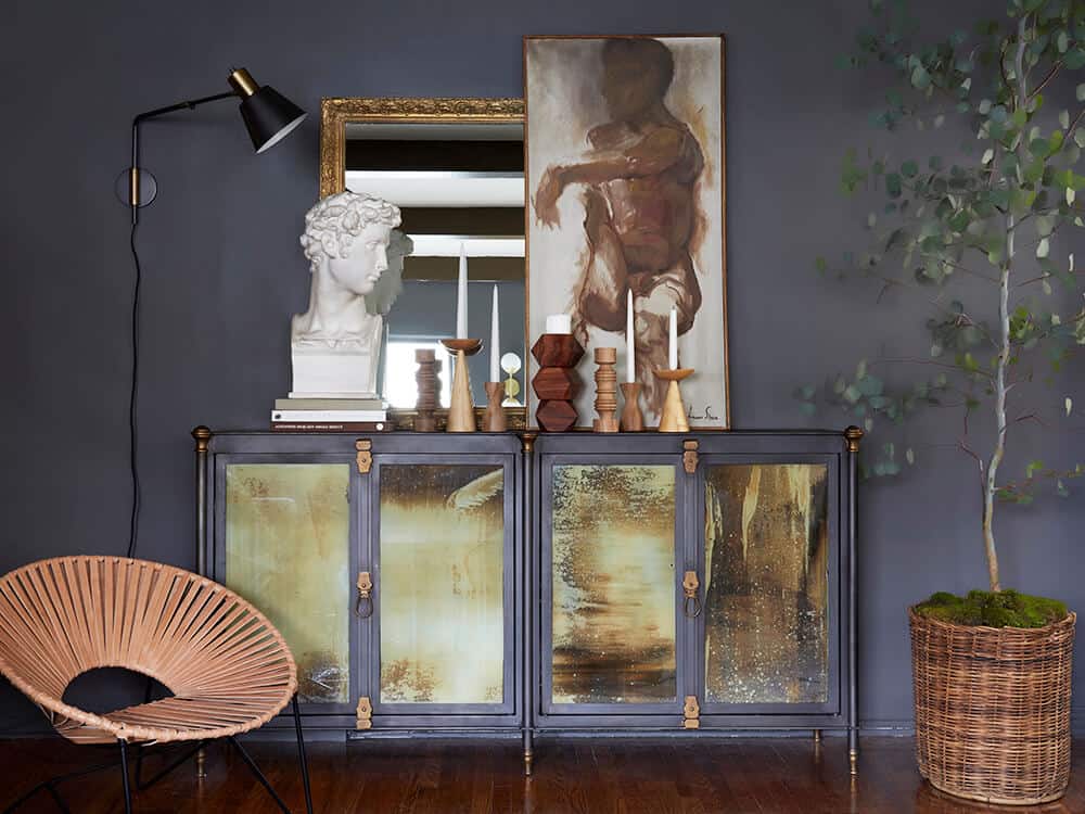 Brady Tolbert_Credenza_Moody Living Room_Swing Arm Sconce_Masculine_Modern_Grey Paint_Kendall Charcoal_Bust