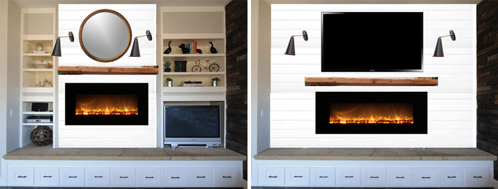 Erin Hatzis Design Agony Emily Henderson White Wood Paneling Floating Mantle MOCKUPS