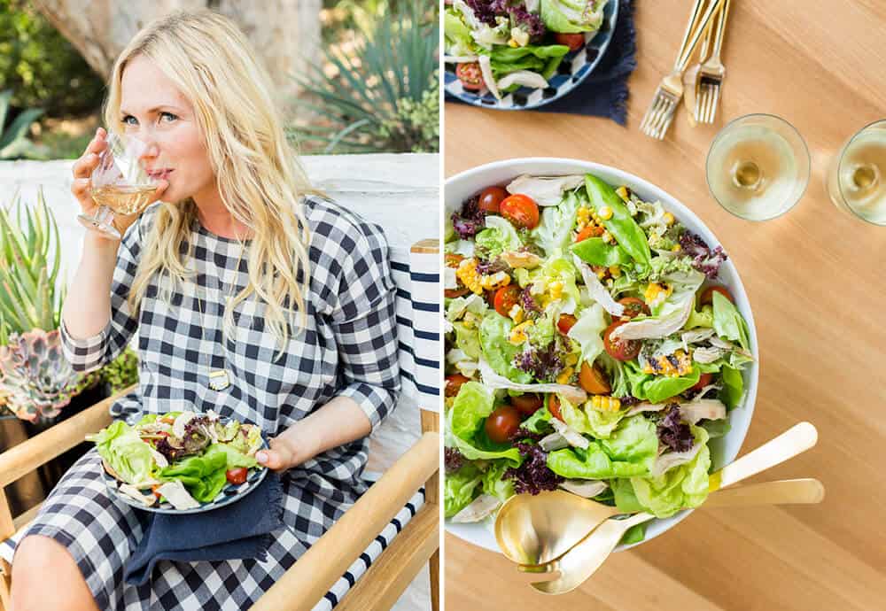 Summer Party_Outdoor Entertaining_Emily Henderson_Blackbox Wines_Flowers_Casual_Pink_Orange_Modern_Organic_Boho_Black_Grey_Blue_0_emily eating salad