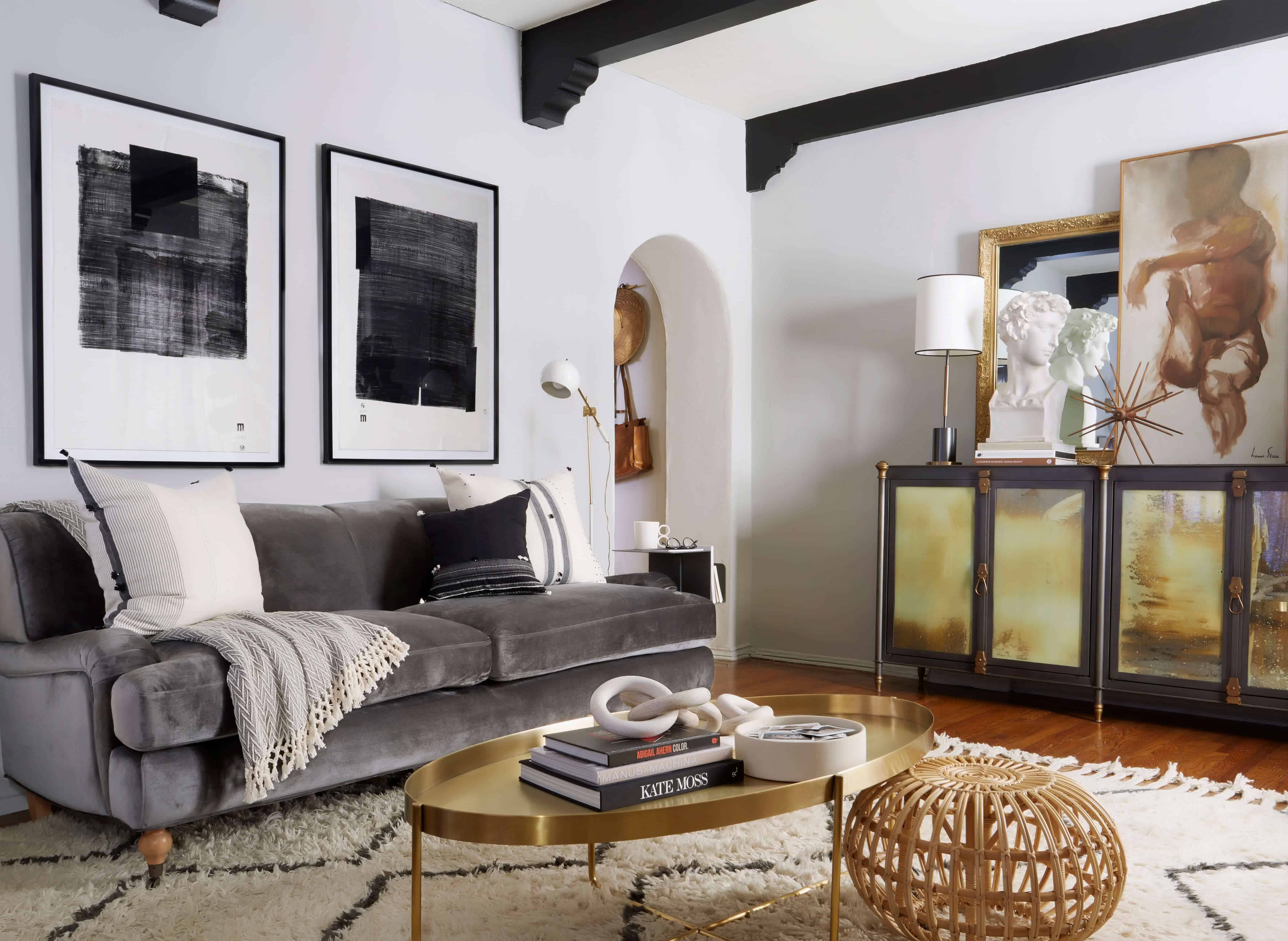 brady-tolbert-design_emily-henderson_living-room_eclectic_pavillion-grey_farrow-and-ball_brass-coffee-table_english-roll-arm_albini_masculine_traditional_west-elm_souk_flokati_leather_5