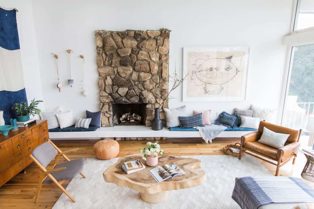 Emily Henderson_Living Room_Staged To Sell_Boho_Mid Century_Eclectic_Blue_White_Styled_Couch_Sectional_Staged7