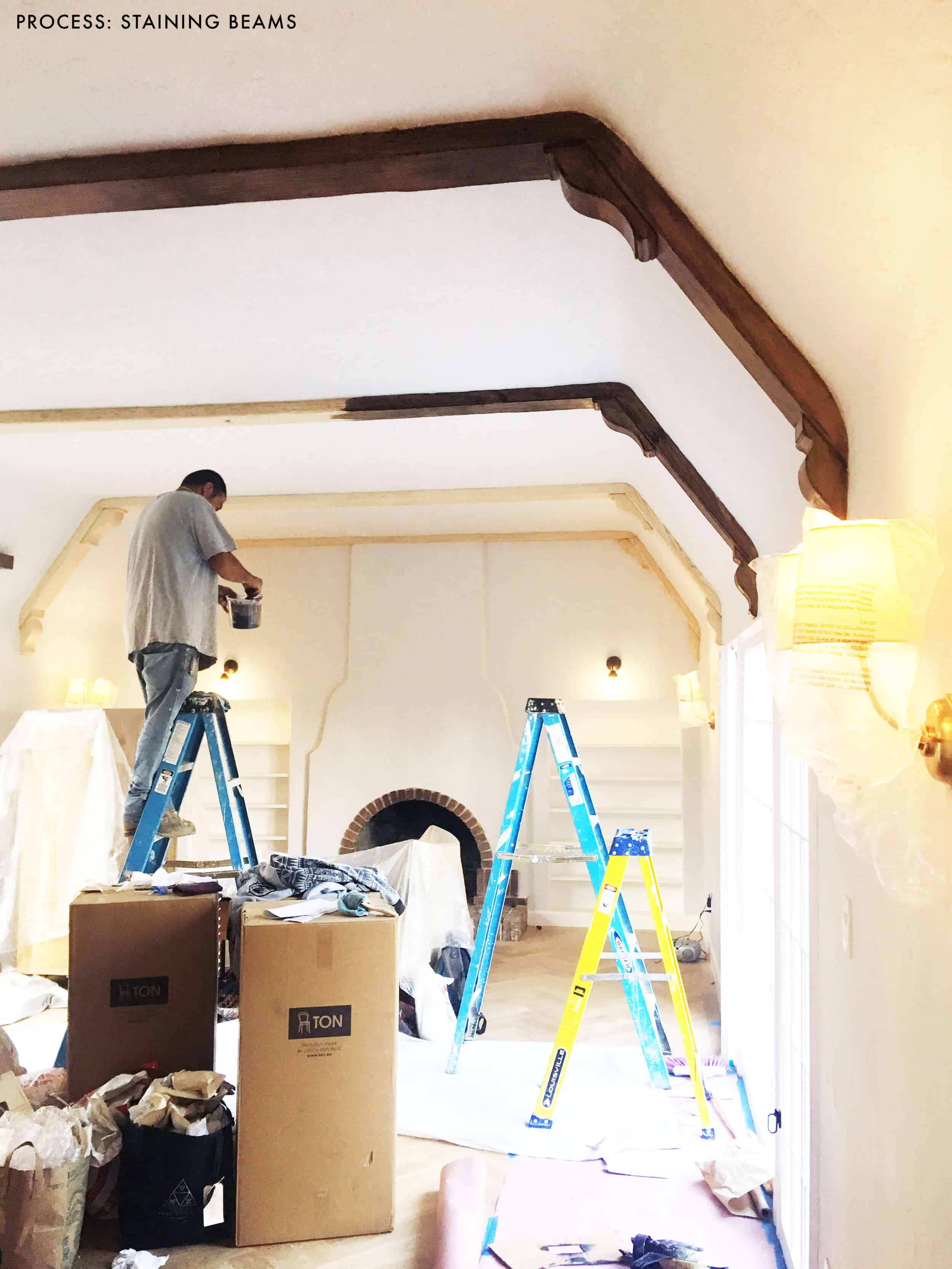 Emily Henderson_Living Room_Wood Naturally_Refinishing Beams_Process_Beams Stained