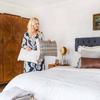 Emily Henderson_Target_Bed Styling_Styling to Sell_White_Blue_Leather_Gray_Guest Bedroom_12