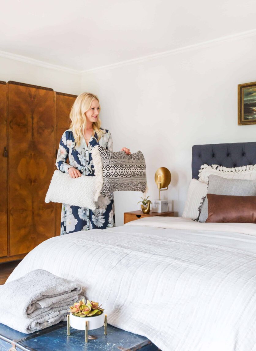 Emily Henderson_Target_Bed Styling_Styling to Sell_White_Blue_Leather_Gray_Guest Bedroom_12