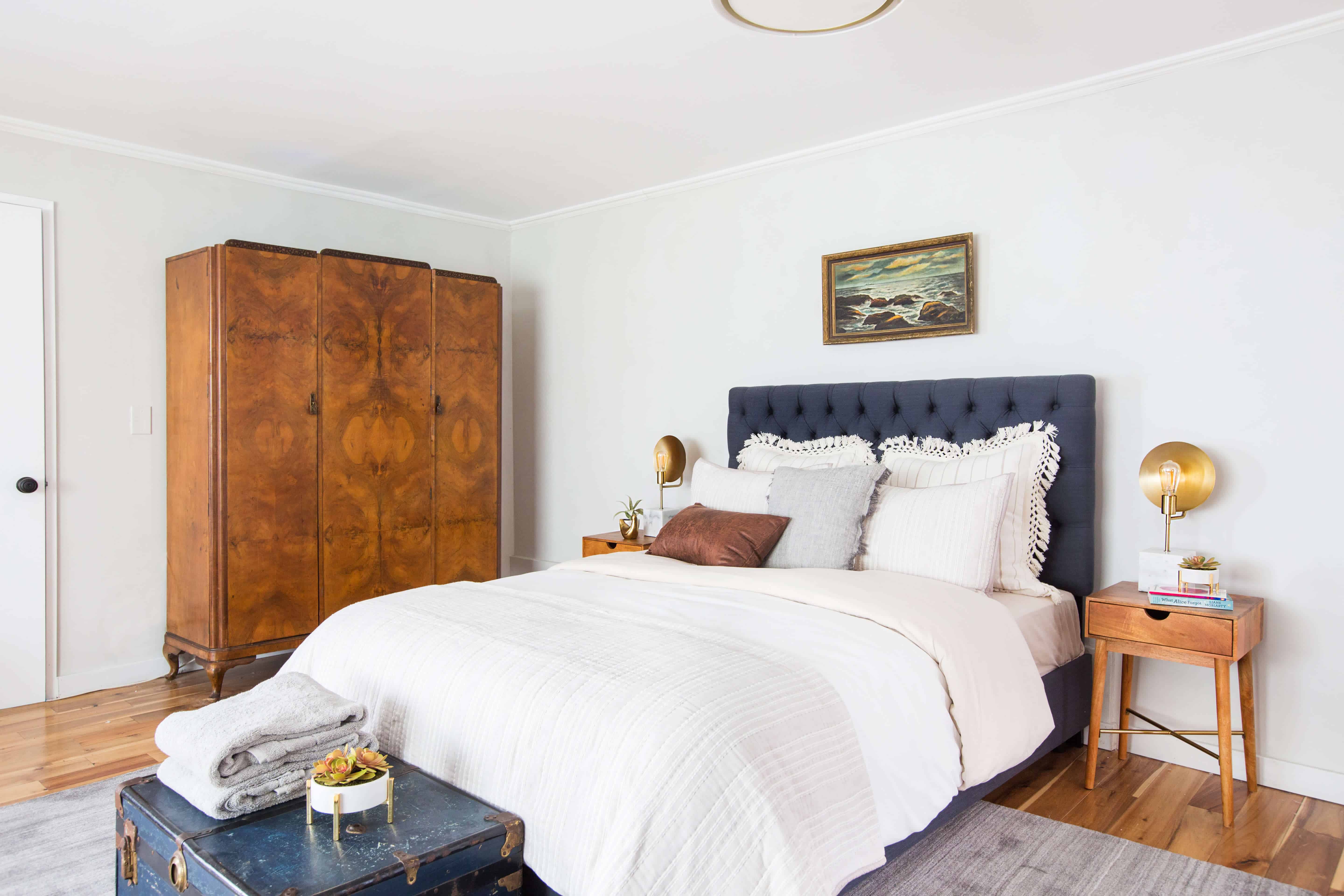 Emily Henderson_Target_Bed Styling_Styling to Sell_White_Blue_Leather_Gray_Guest Bedroom_7