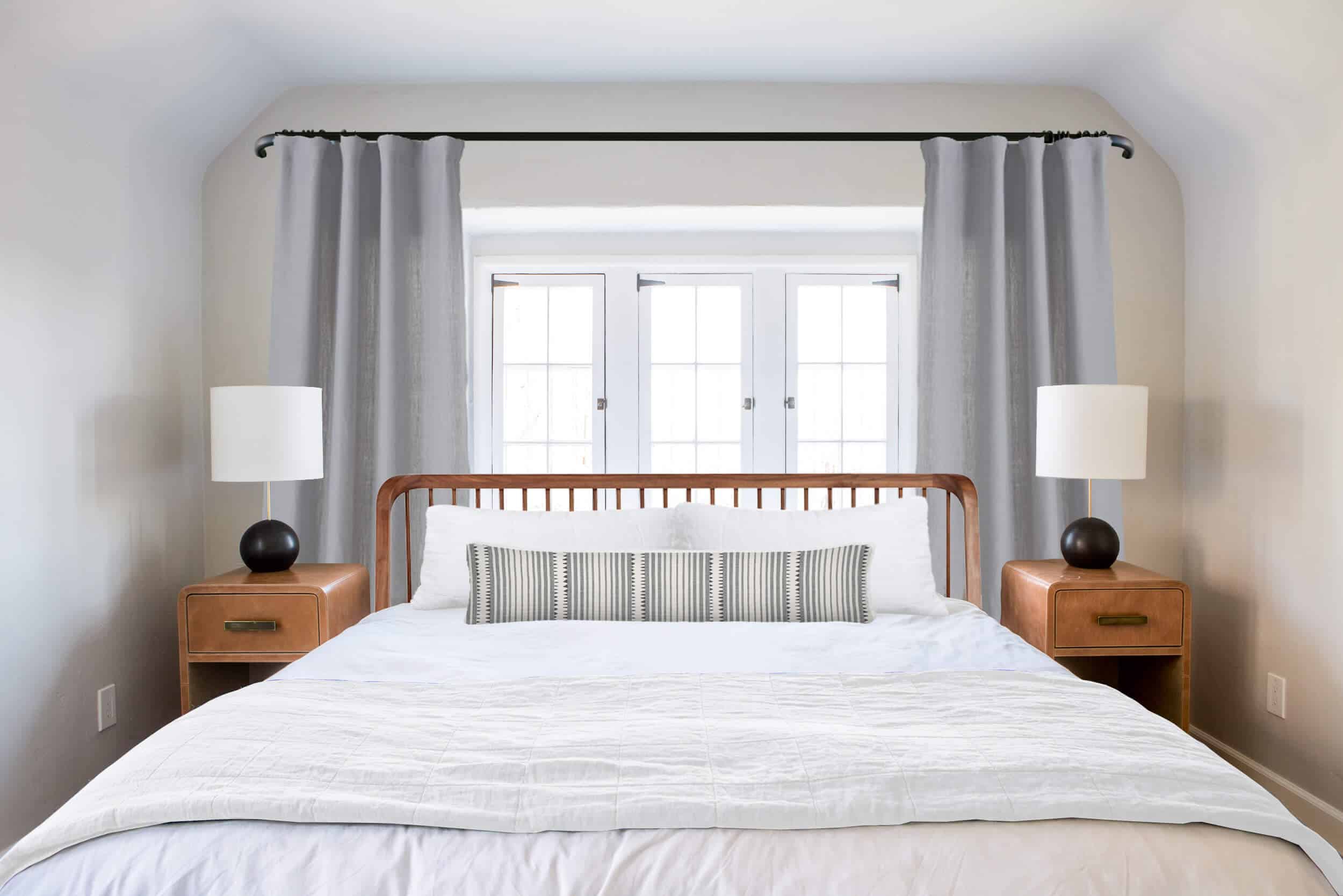 Emily Henderson_Ask the Audience_ Master Bedroom_Headboard_Low_Profile_Windsor with Bolster Striped Fabric and White Blanket