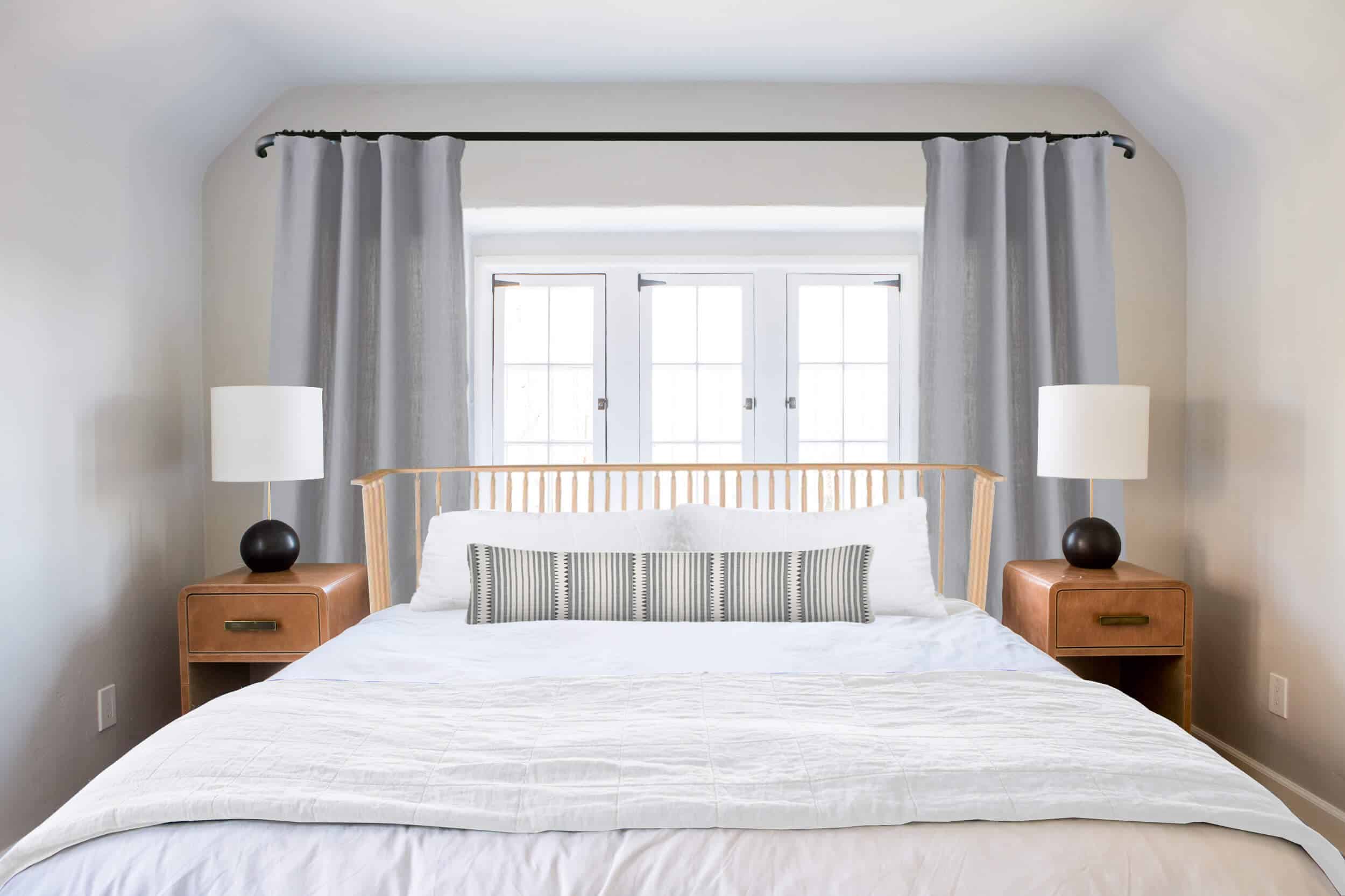 Emily Henderson_Ask the Audience_Master Bedroom_Headboards_Spindle with Bolster Stripped Fabric and White Blanket