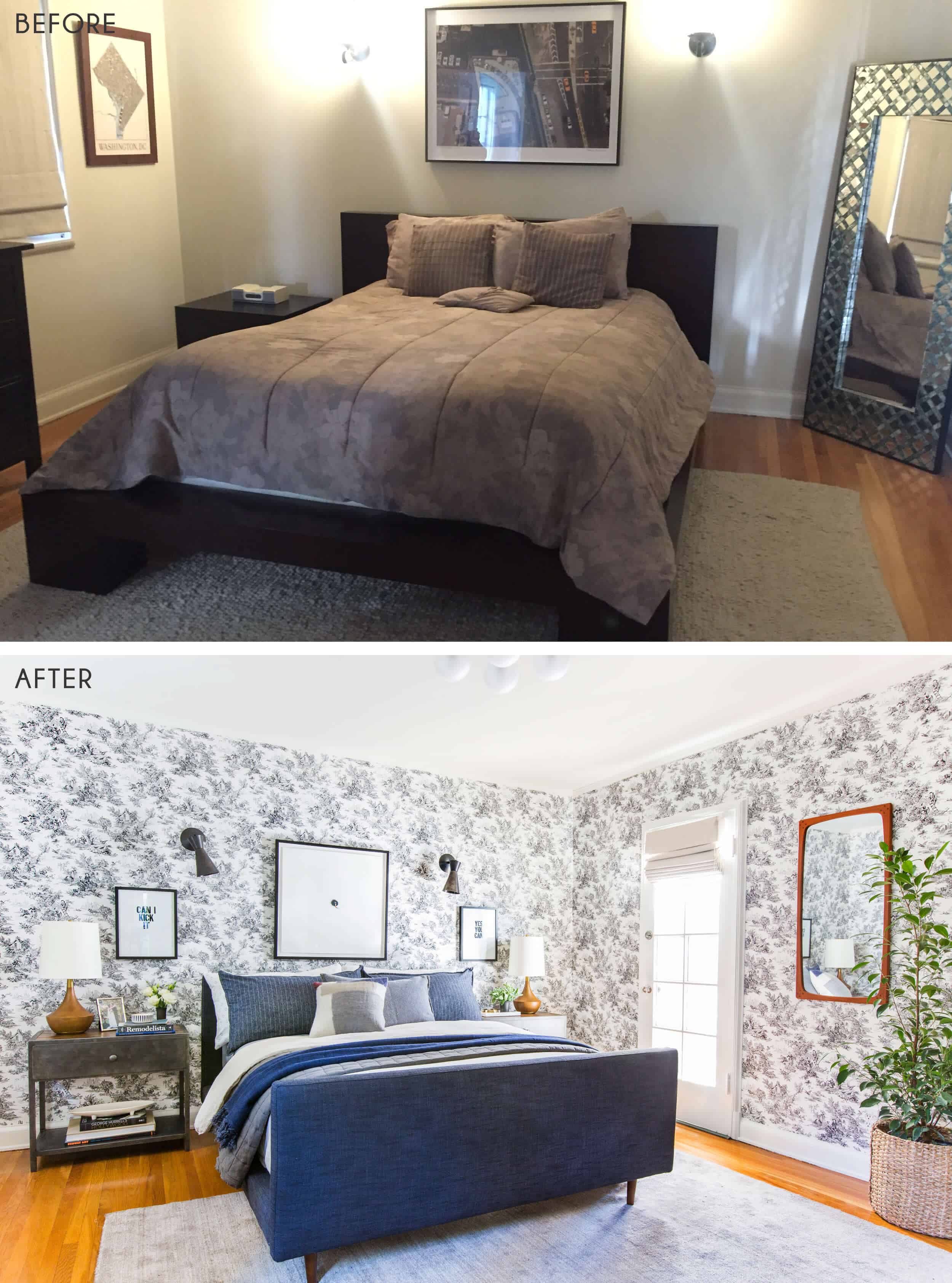Guest Bedroom_Traditional Eclectic_Industrial_Modern_Toile_Wallpaper_Reveal_Before_After_3